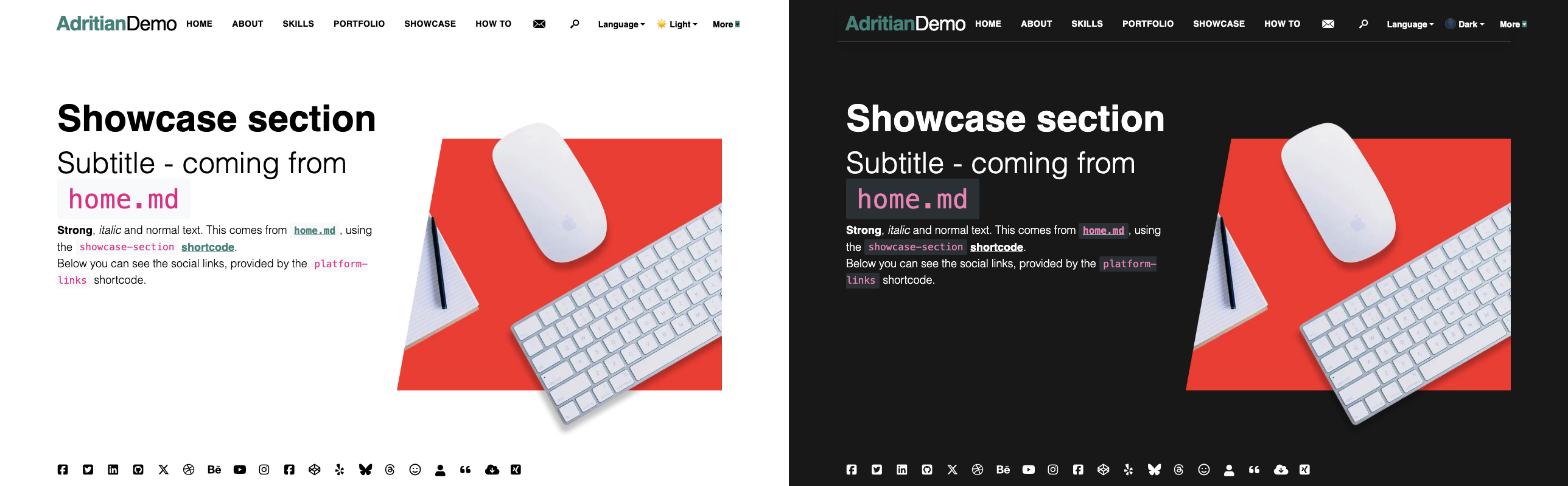 Default color scheme — light mode (left) and dark mode (right)